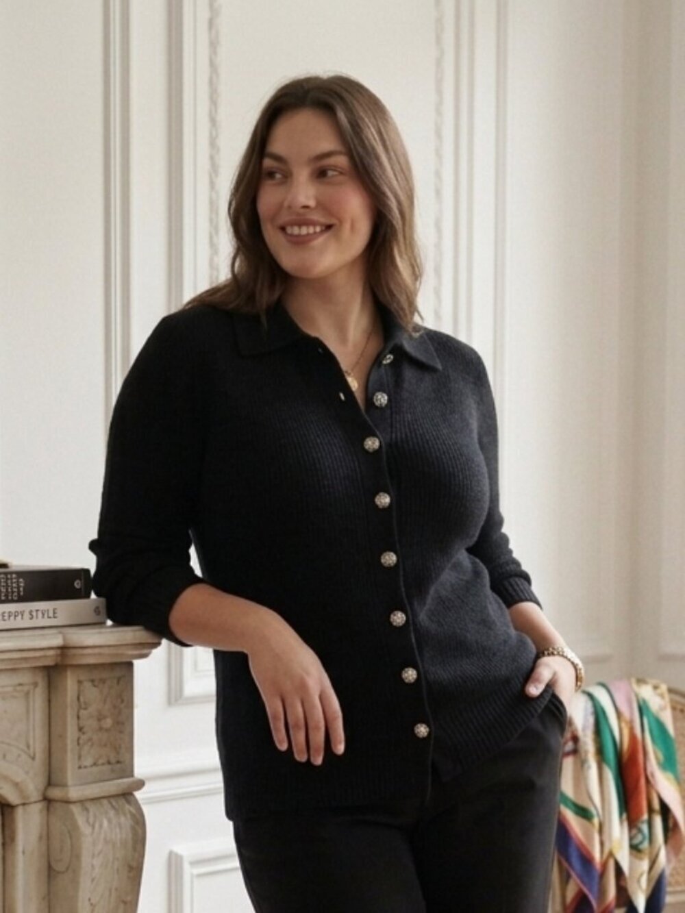 J.Crew Milano Stitch Sweater XL Black Collared Button Front Cinched Waist Luxury